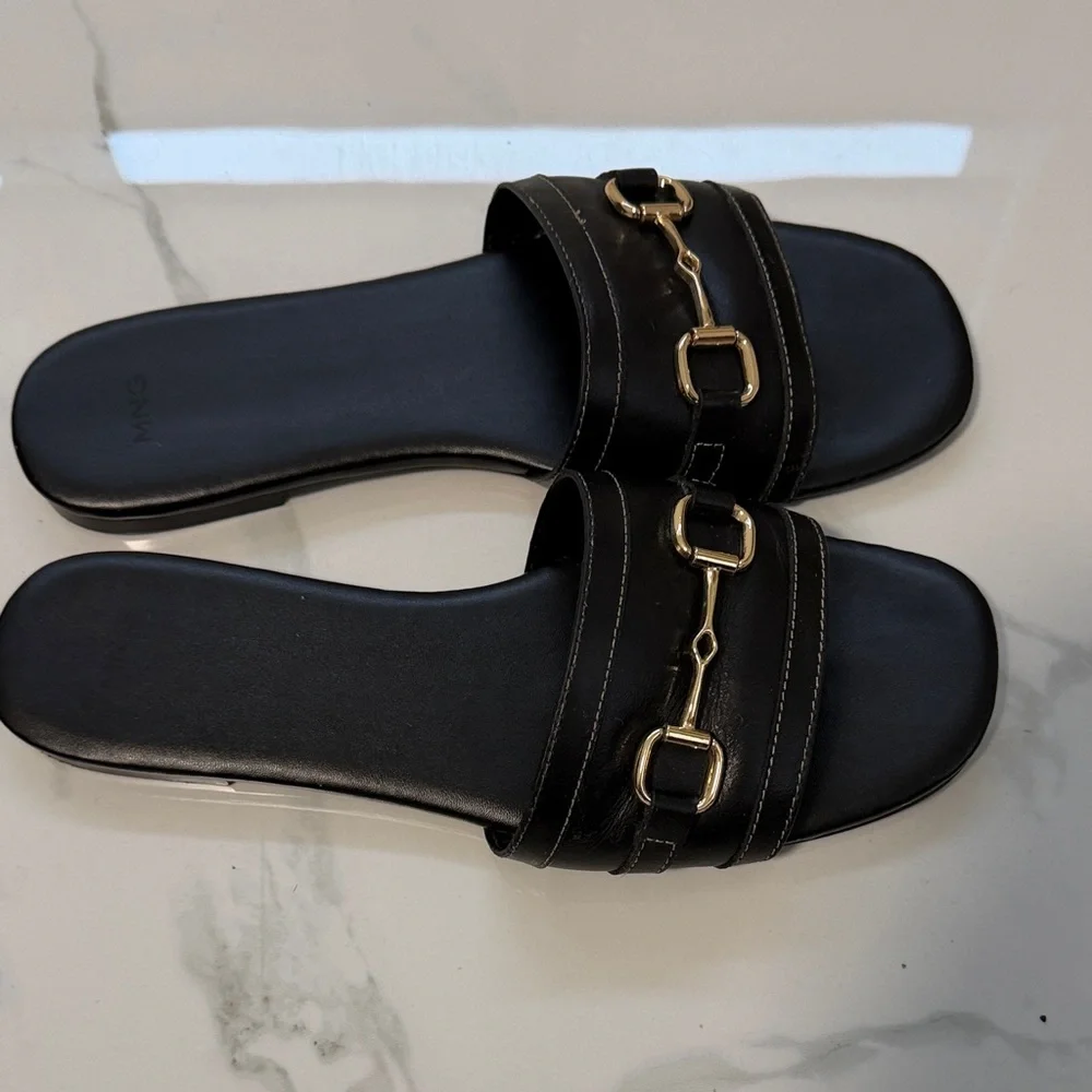 Mango Black Slide Sandals with Gold Horsebit Trim - Picture 4 of 8